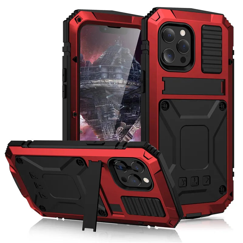 for iPhone 14 13 12 Pro Max Mini 11 Pro Max Case Full-Body Rugged Armor Shockproof Protective Kickstand Aluminum Metal Cover