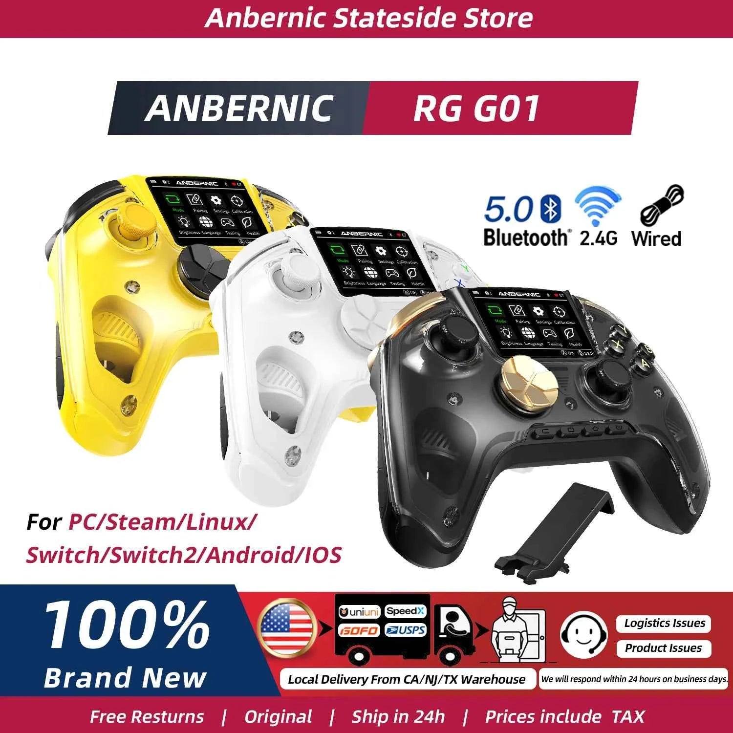 Anbernic RG G01 Interactive Screen Wireless Gaming Controller Compatible with PC/Steam/Linux/Android/Switch/IOS 2.4G Wireless Bluetooth Controller Gamepad Hall Effect Triggers
