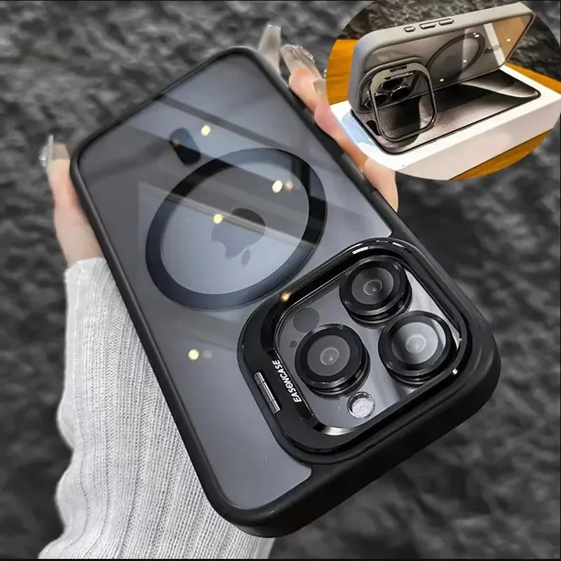 Luxury Magnetic Shockproof Phone Case for iPhone 16/15/14/13/12/11/17 Pro Max with Stand and Glass Lens Case