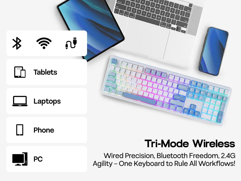 EPOMAKER TH108 100% Full Size Gasket Wired/BT/2.4Ghz Wireless NKRO Mechanical Gaming Keyboard 10000mAh Battery RGB Backlit