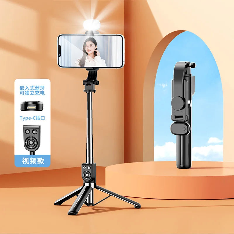 Extendable 1M Bluetooth Selfie Stick with Fill Light and Tripod Stand for Handheld Tk Live Desk Mount