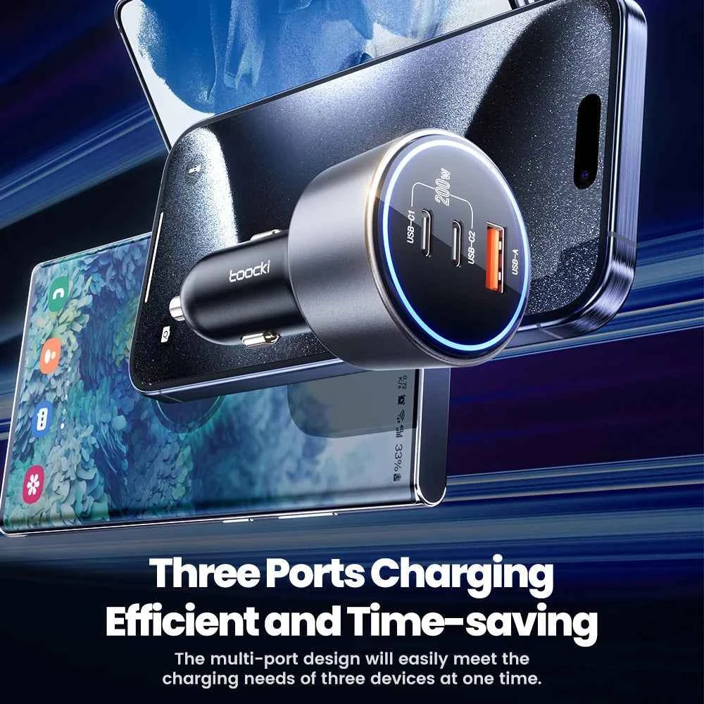 Toocki 200W Car Charger USB Type C QC 4.0 PPS 45W PD 100W Fast Charging USB C Car Phone Charger for iPhone 16 15 Samsung Macbook