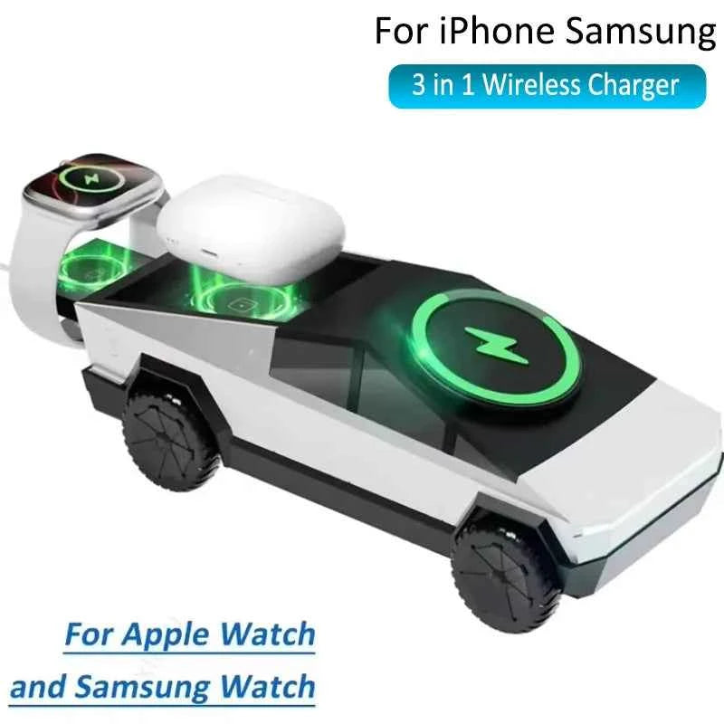 3 in 1 Magnetic Fast Wireless Charger Desktop Cybertruck Phone Stand For IPhone 17-12 Pro Max Apple Samsung Watch Airpods Pro