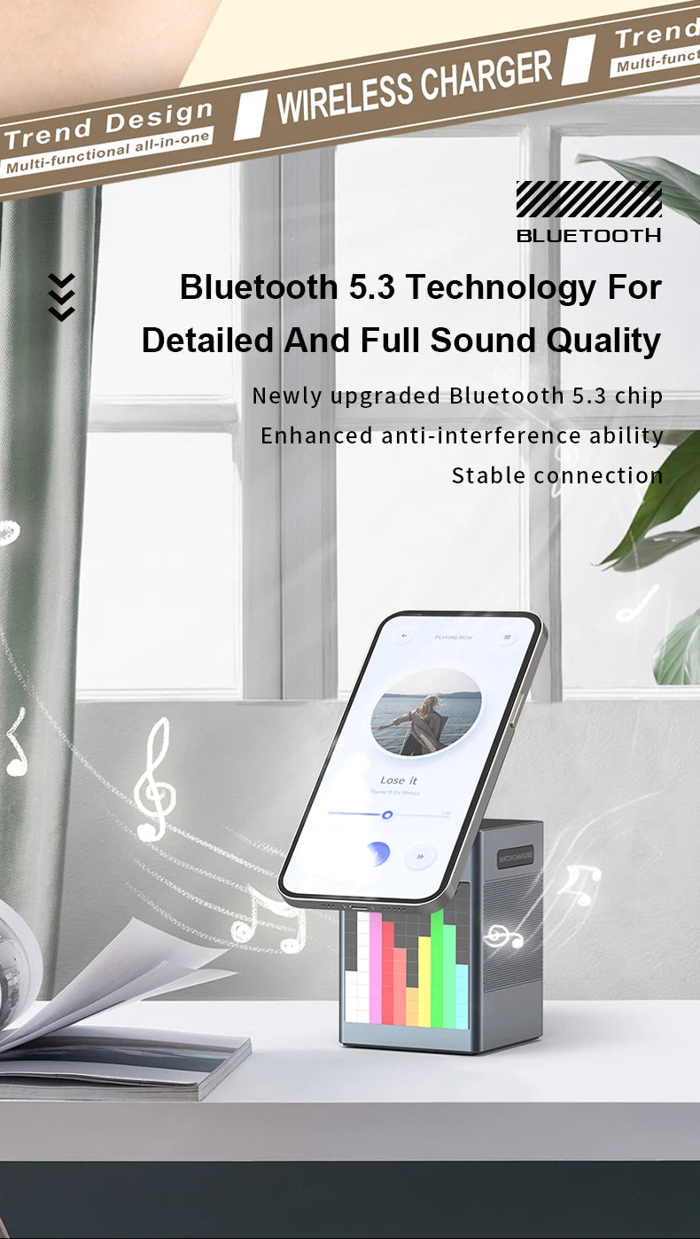 Qi2 3 in 1 Wireless Charger With Bluetooth Speaker For iPhone 17 16 15 14 13 12 Fast Charging Station For Apple Watch 10 9 8 7 6