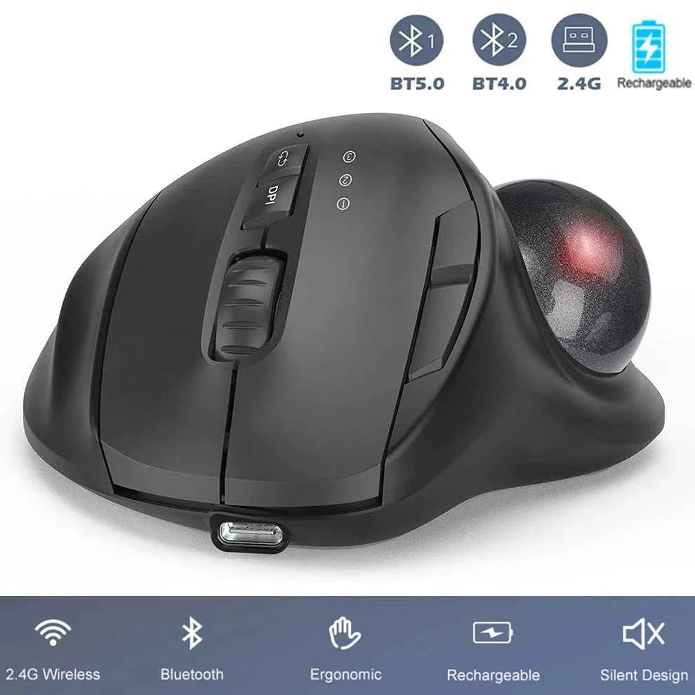 Jomaa Black 2.4G + Bluetooth Wireless Trackball Mouse Rechargeable Rollerball Mice Ergonomic Mice Thumb Control Mouse Gaming