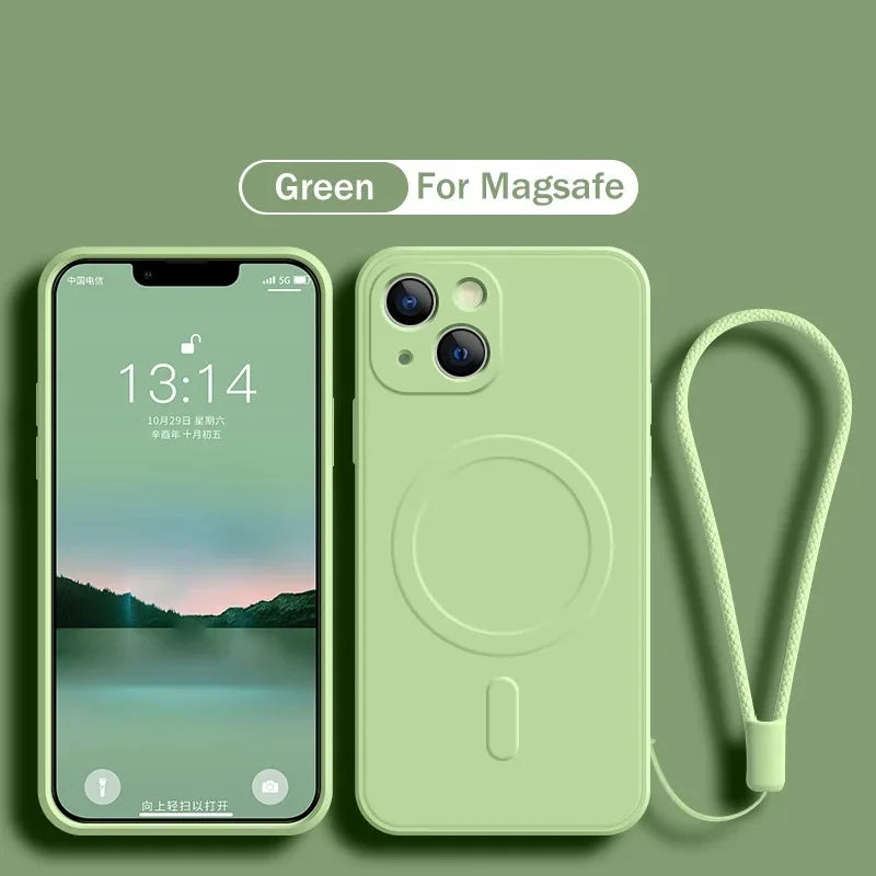 For Magsafe Magnetic Wireless Charge Case for IPhone 15 16 14 13 12 11 Pro Max Mini XR XS Plus Soft Liquid Silicone Strap Cover