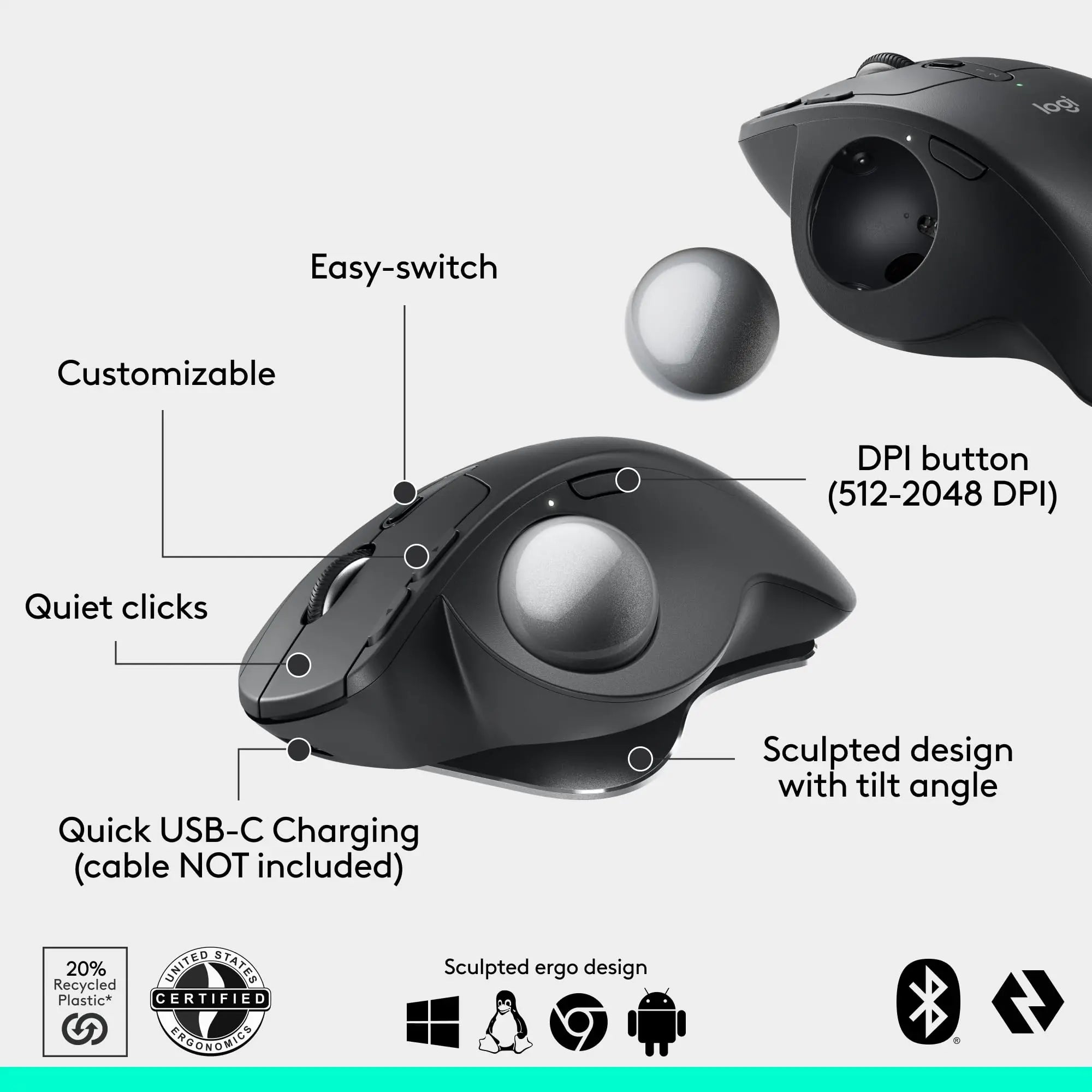 Logitech MX Ergo S Wireless Trackball Mouse Adjustable Ergonomic Design Rechargeable Bluetooth Mouse for Office Drawing Laptop