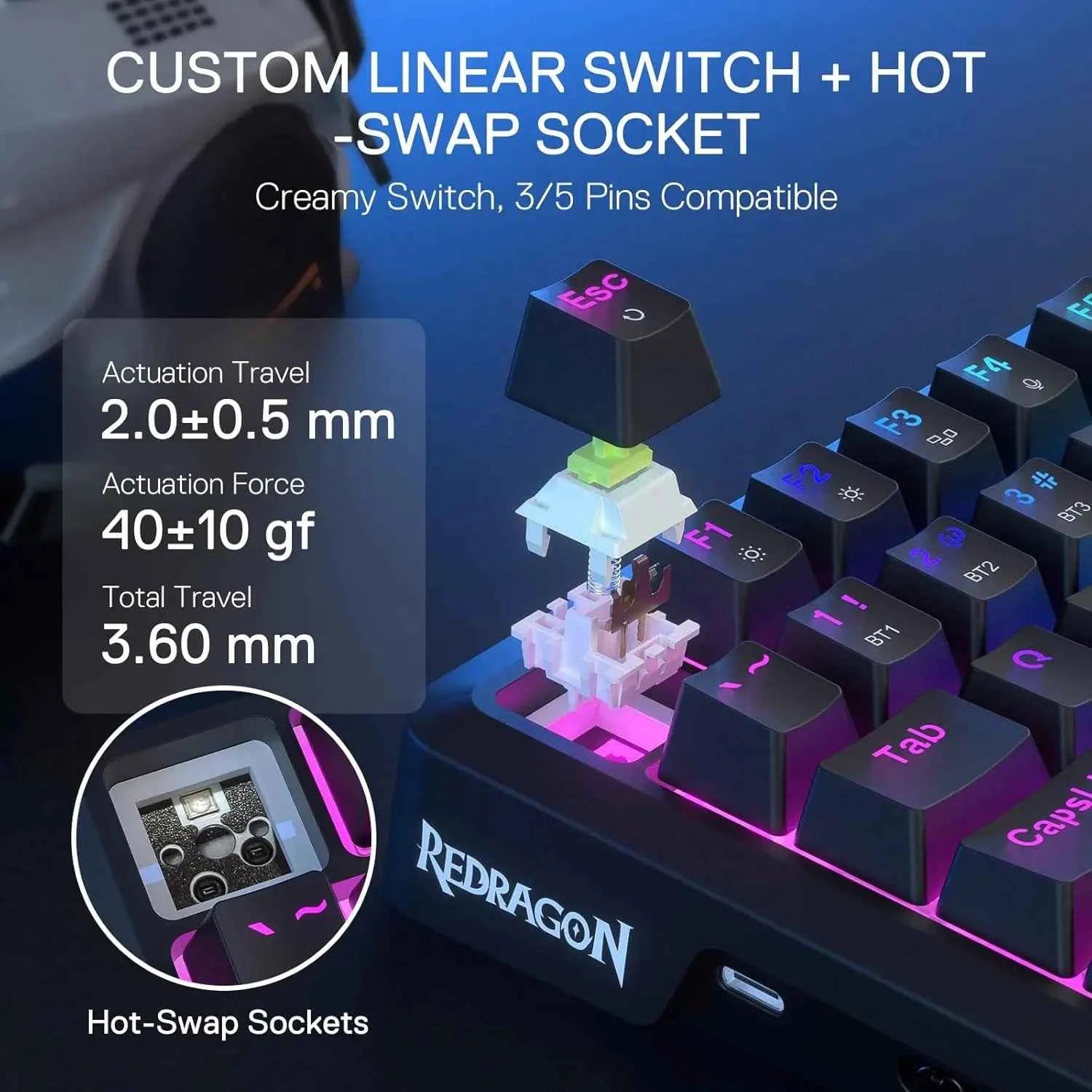 Redragon K724 PRO Wireless Gasket Gaming Hype Screen & Knob, 81-Key Mechanical Keyboard,Easy-Control 1.14’’ TFT Info Display