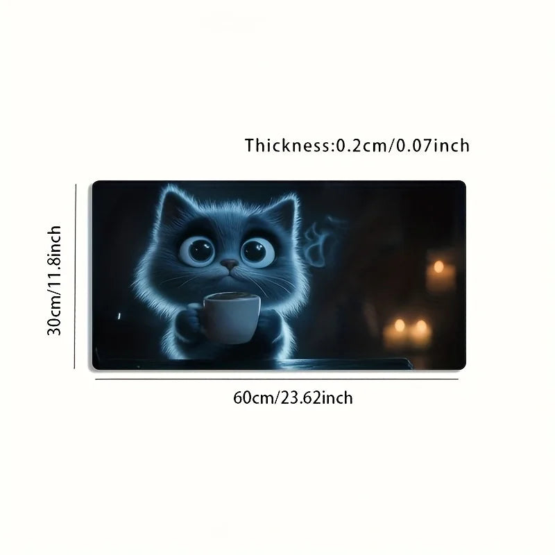 1 Large Gaming Mouse Pad - Non-Slip Washable Surface, Cute Cat Holding Coffee Design, Expressive, Extra-Long Desk Mat for PC, Office, Esports - Ideal Gamer