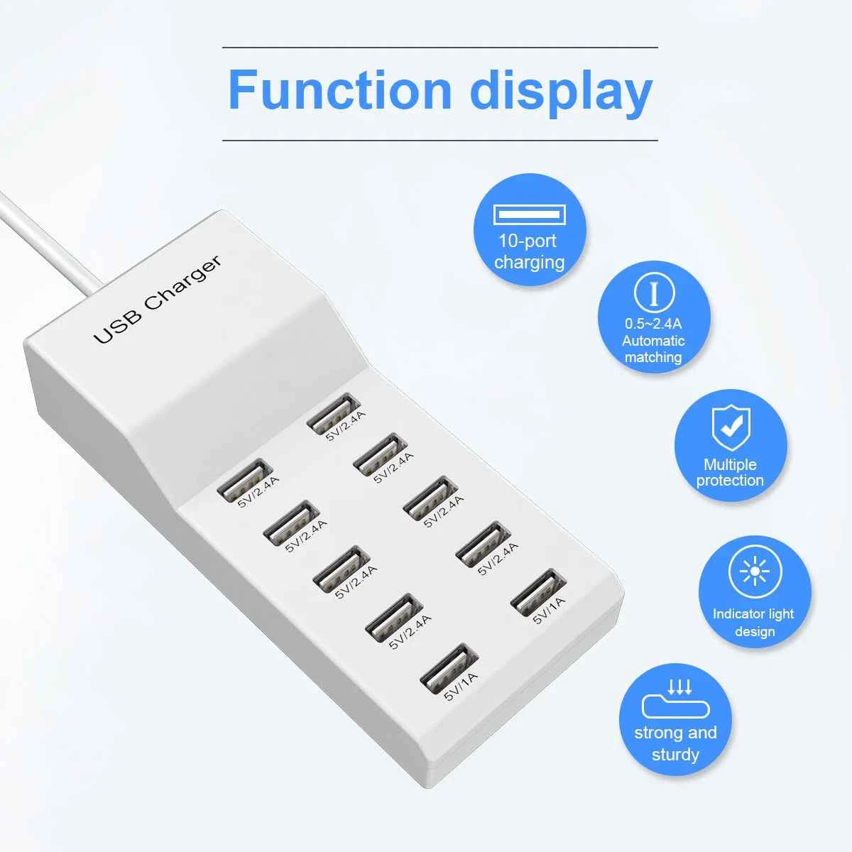 10 Ports 50W USB Charging Station QC2.0 Smart Multi USB Charger 2.4A US EU UK Plug Desktop Charger for Smartphone Tablet