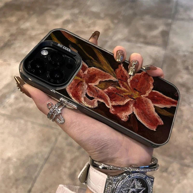 Vintage Lily Pattern Non-Slip Anti-Drip Tpu Phone Case for iPhone 16 15 14 13 12 11