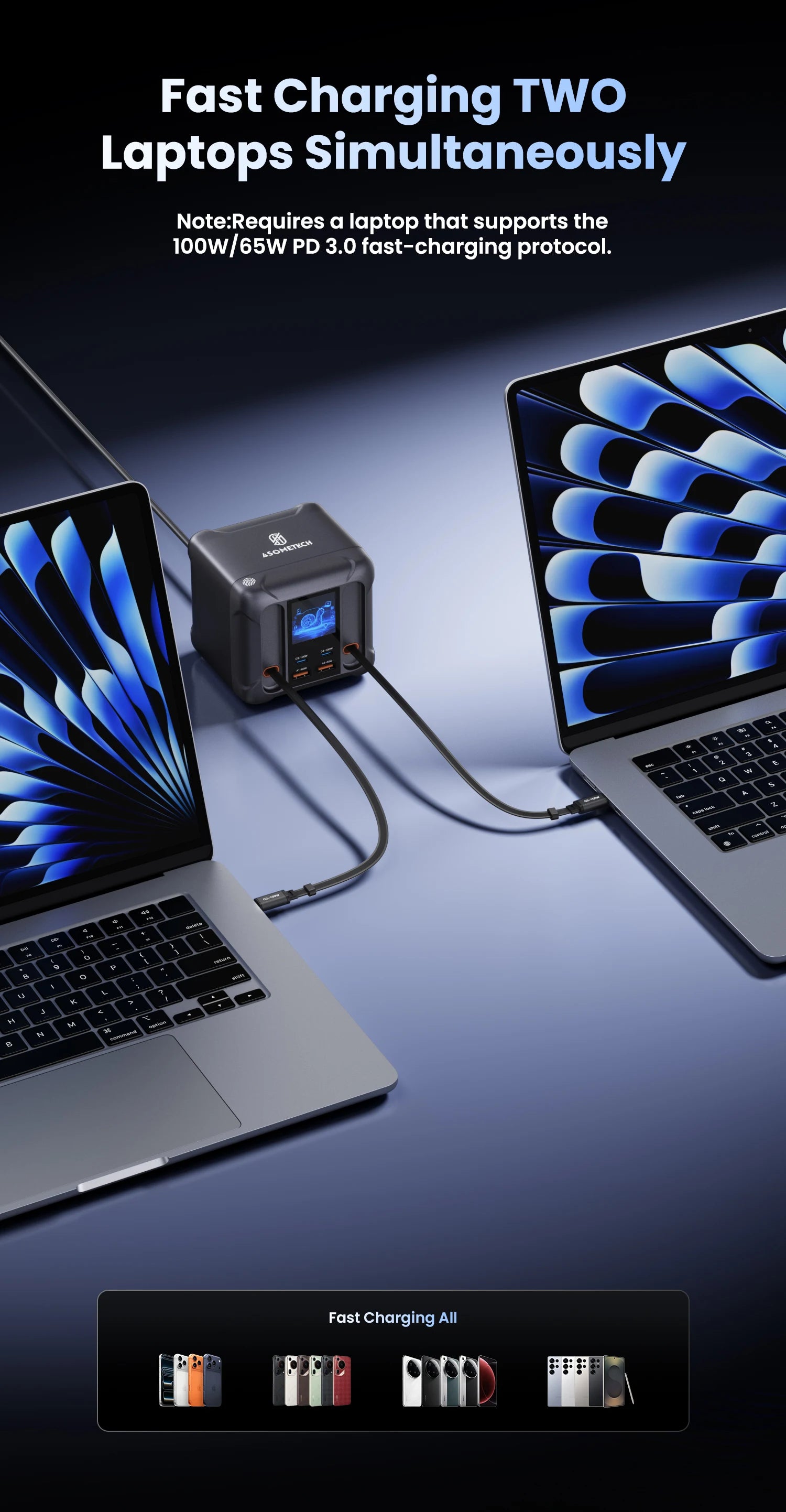 ASOMETECH 300W GaN USB Charger LED Display Retractable Type C Cable 100W 65W PD3.0 PPS Fast Charger Station For Macbook Samsung