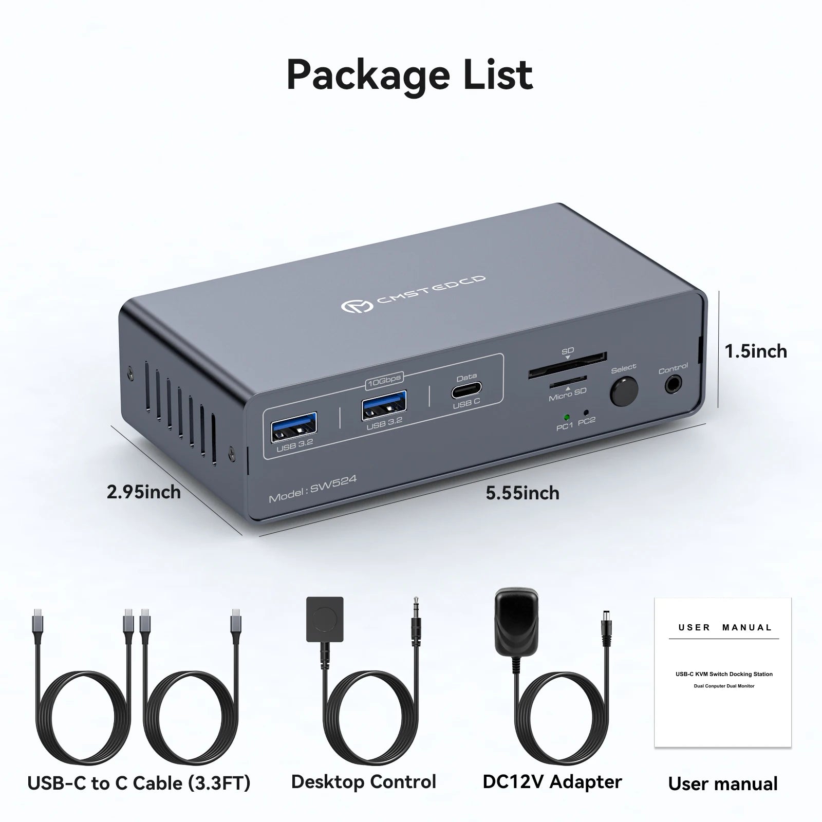 USBC KVM Docking Station HDMI 4K60HZ Computer Monitor Supports USB-C 10Gbps 12V 1.5A Power Adapter Shared Mouse and Keyboard