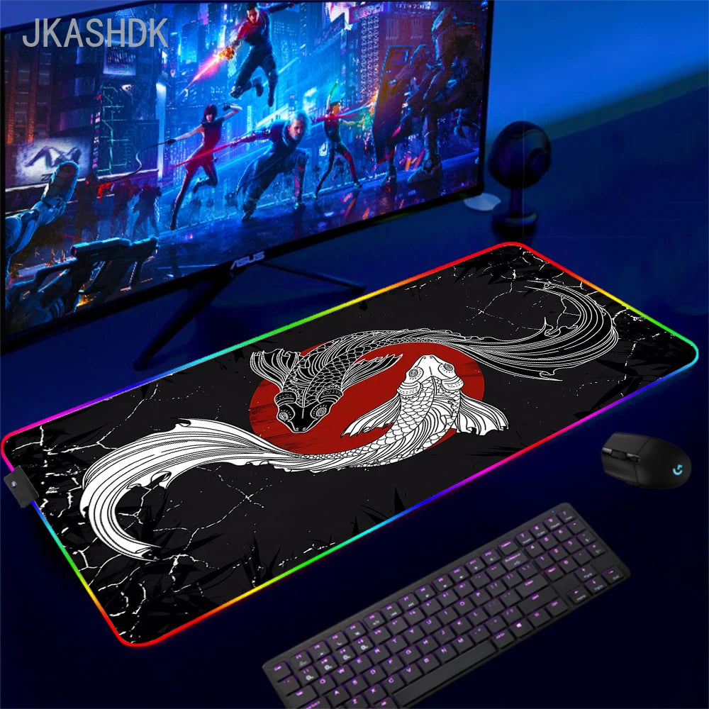 Large RGB Mouse Pad Koi Fish Gaming Mousepad LED Mouse Mat Gamer Mousepads Yin Yang Desk Pads RGB Keyboard Mause Mats XXL 100x50