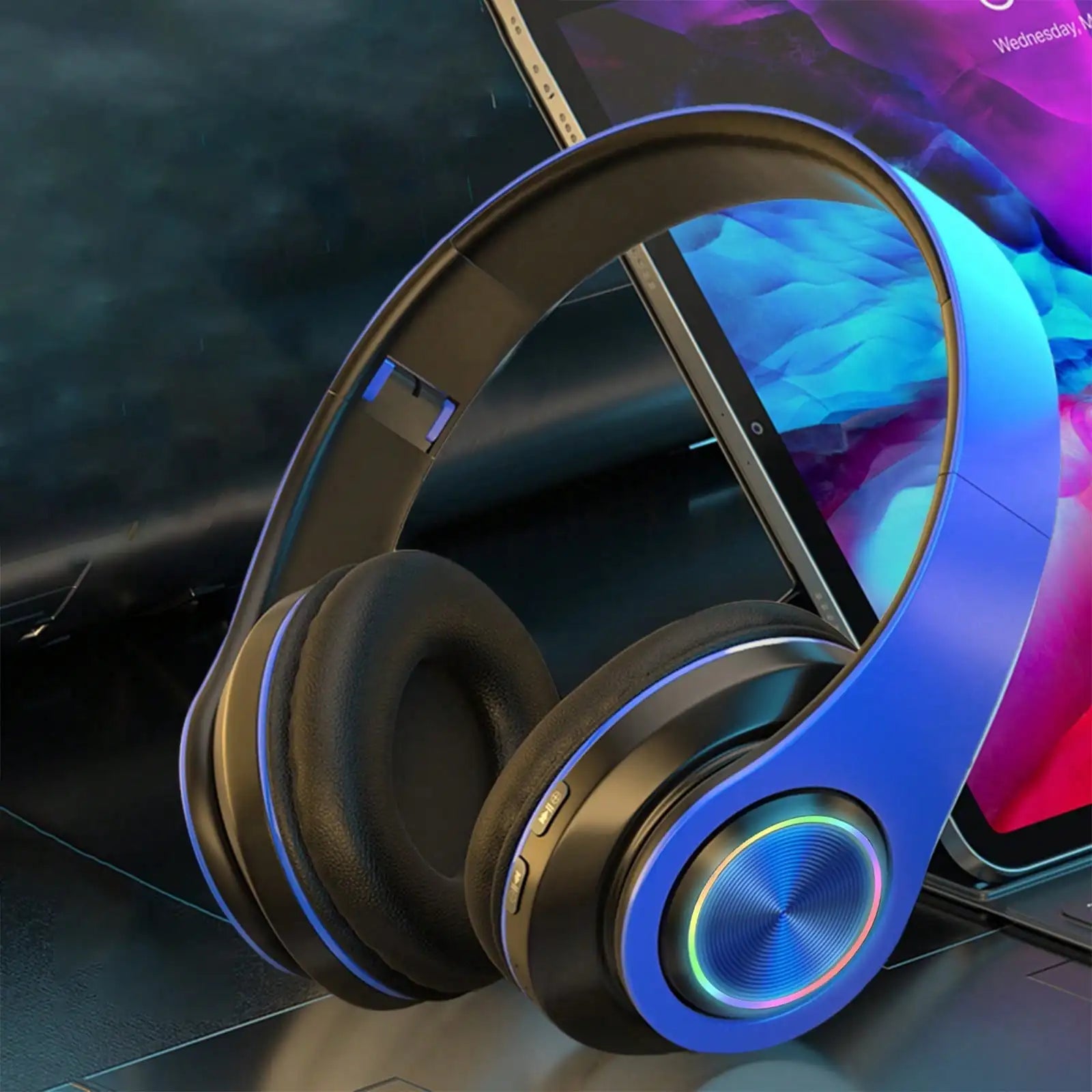 Bluetooth 5.3 Over-Ear Headphones, Active Noise Reduction, Subwoofer Bass, LED Light Design, Foldable Portable Wireless Headset for Gaming, Music, Sports, Phones & Computers