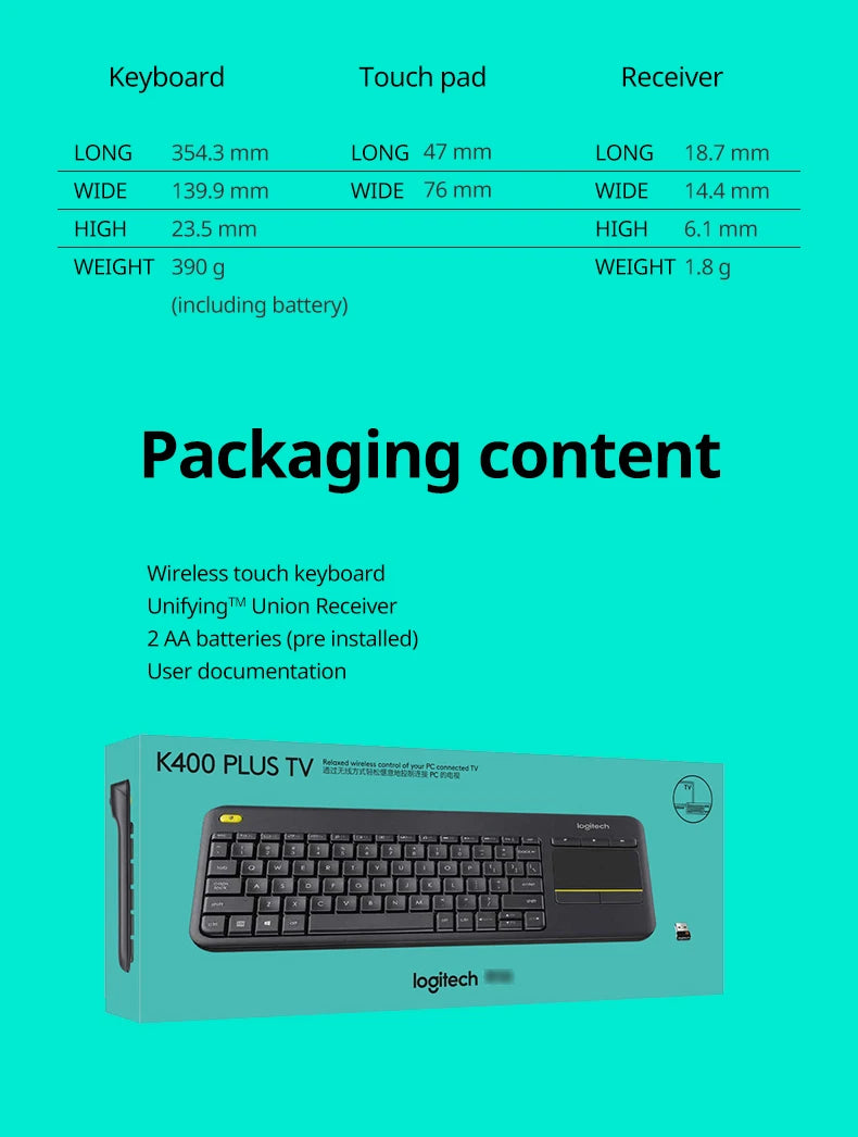 Logitech K400 Plus Wireless Keyboard Touchpad TV Compatible Long Battery Life for Windows Android TV