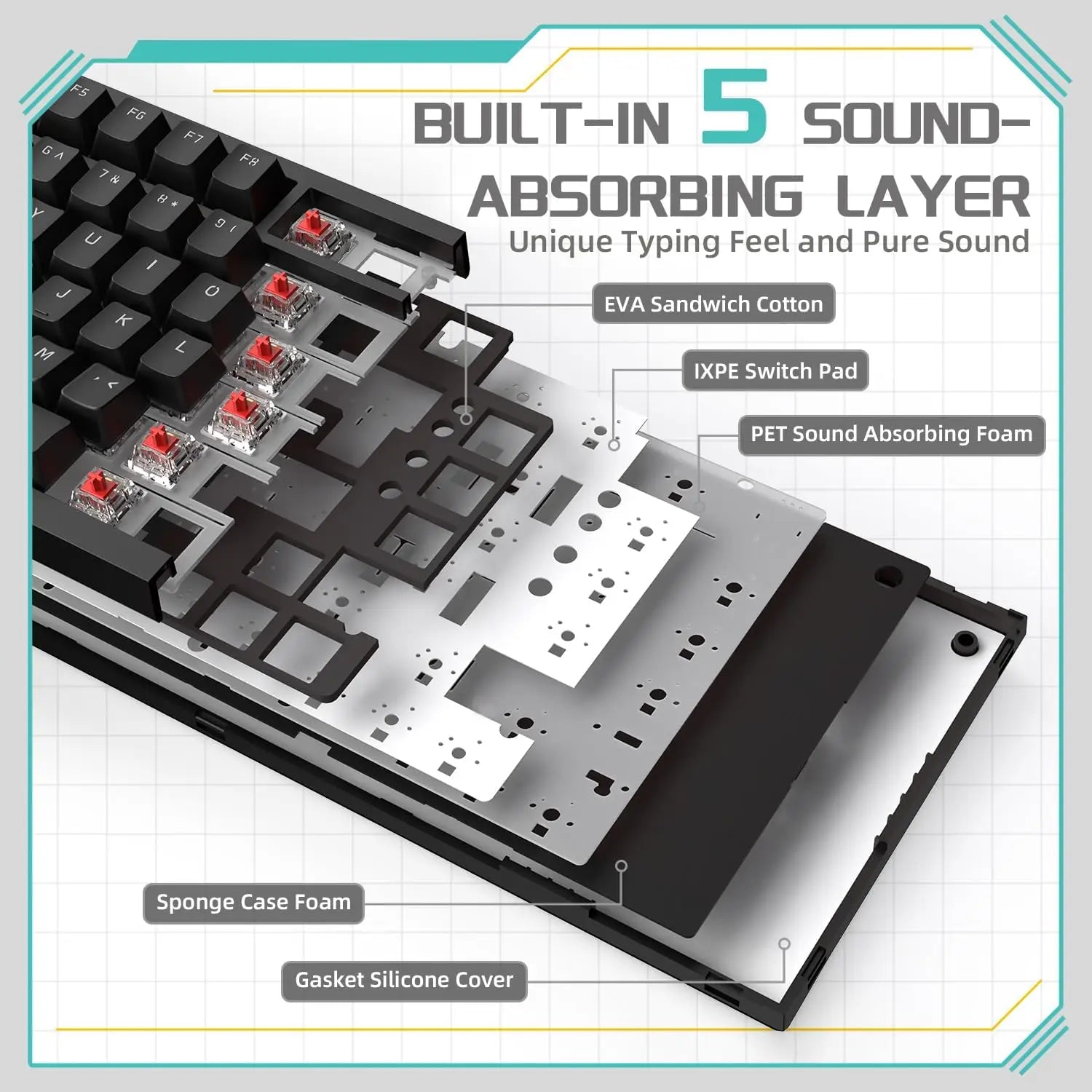 AJAZZ AK820 Wired Gaming Keyboard Red Switch 75% Layout Ergonomic Hot-swappable Detachable Cable