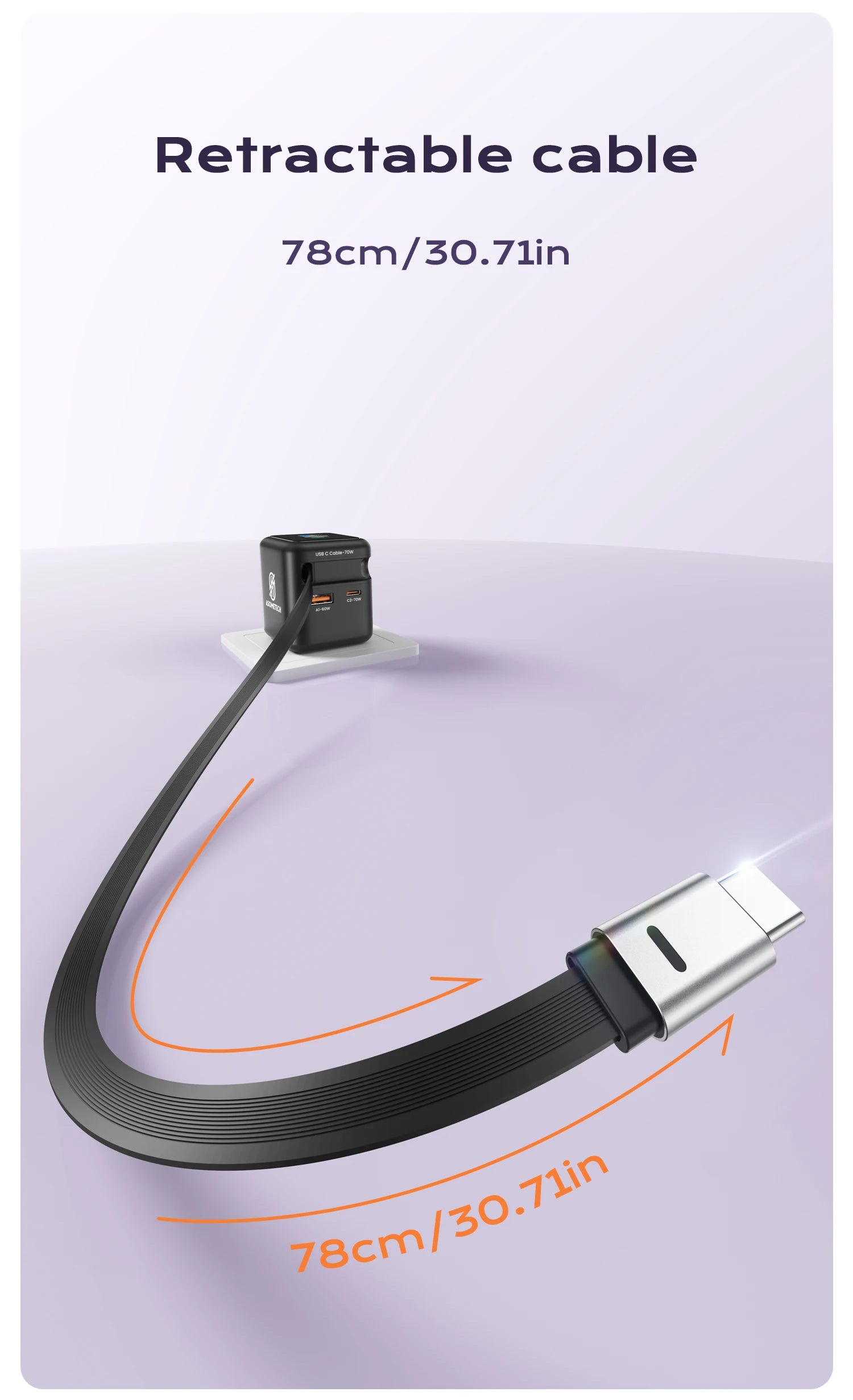 ASOMETECH 70W GaN Charger With Retractable Type C Cable 45W PD QC PPS Travel Charger for iPhone 16 Laptop Macbook Tablet Samsung