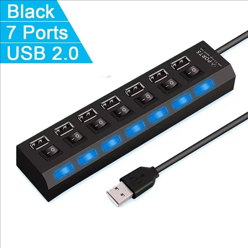 7-Port USB 2.0 Hub with Independent Switches & LED Indicators