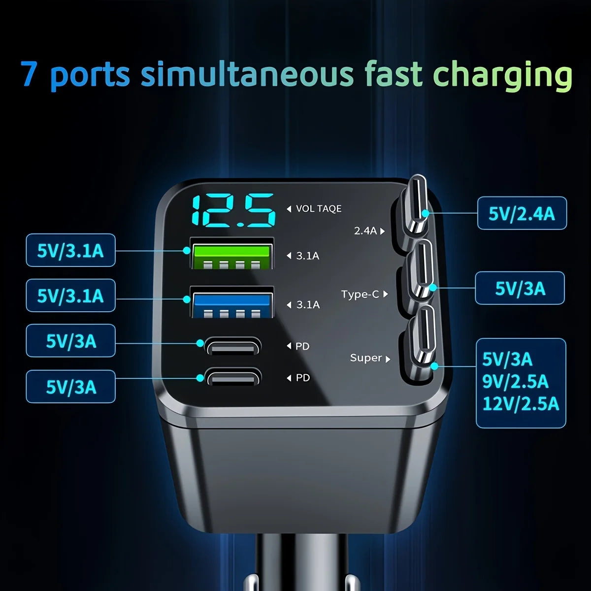 7 Ports Fast Car Charger with LED Display Rotatable Car Cigarette Lighter Charger Adapter USB & Type C for All Smartphones Table