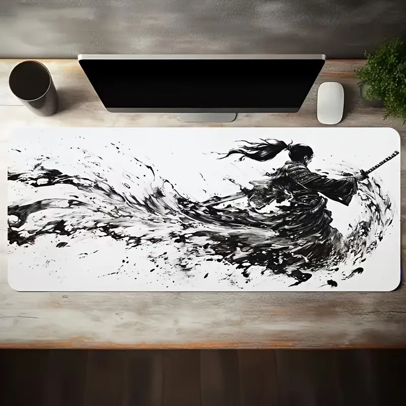 Japanese Samurai Art Mouse Pad, Traditional Calligraphy Pattern Non Slip Desk Mat Game Lovers Office Home Keyboard Desktop Decor