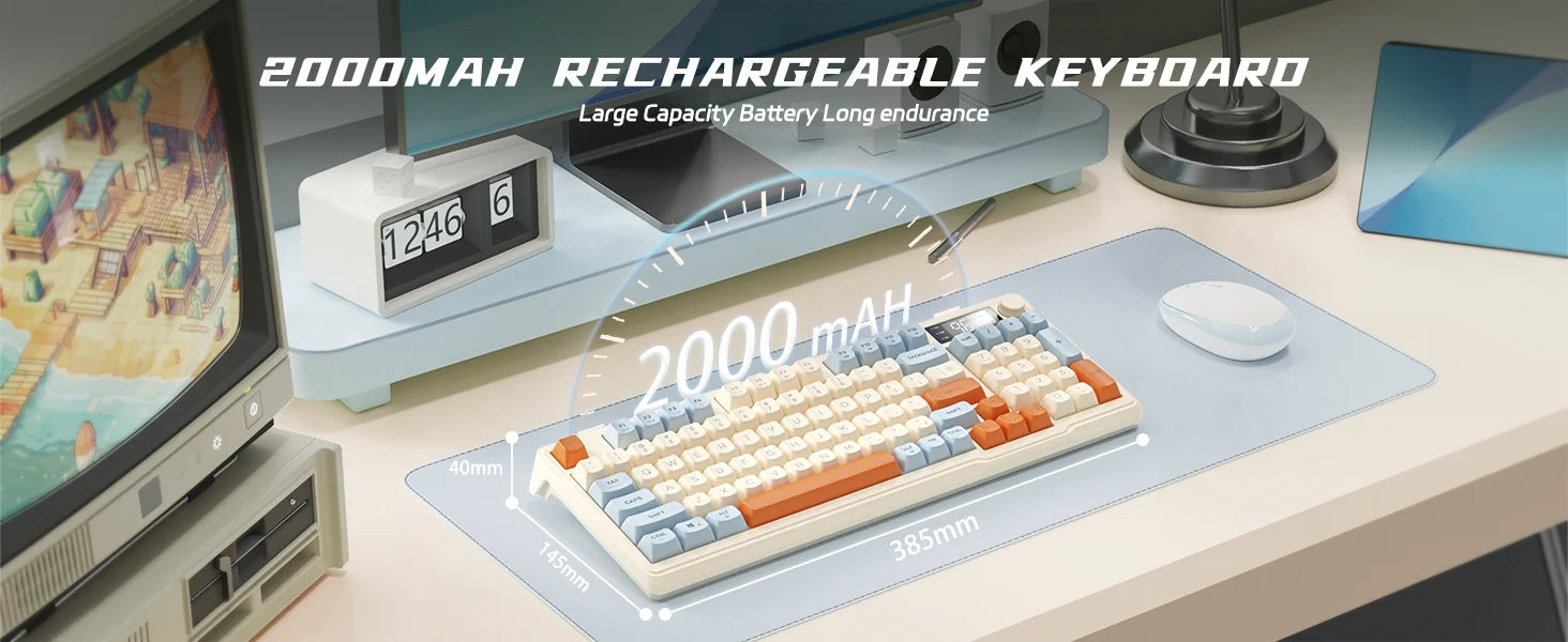 ZIYOU LANG Wireless Gaming Keyboard with Display Screen & Knob, Bluetooth/2.4GHz Quiet Membrane Keyboard, 3000mAh Rechargeable