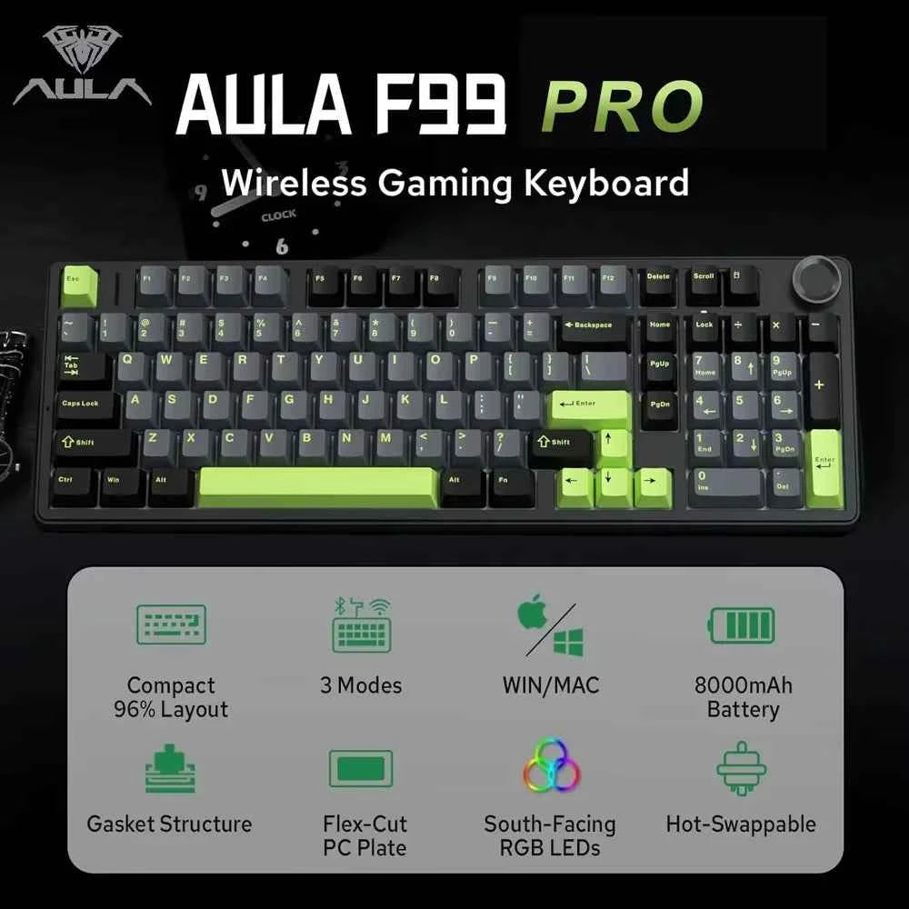 AULA F99PRO Wireless Gaming Keyboard Gasket Structure Compatible with 3/5 Pins Hot-swap Mechanical Keyboard with Media Knob