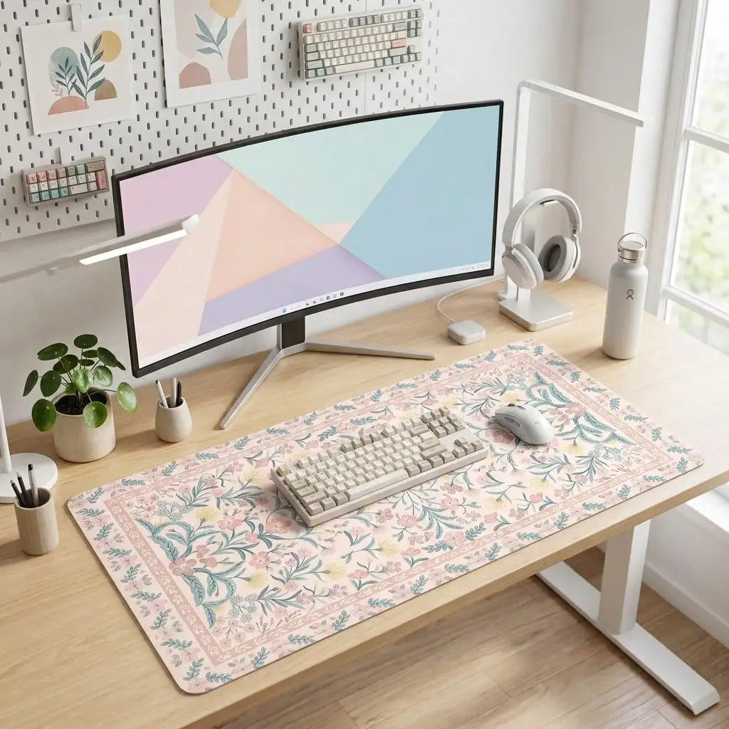 Pink Floral Pattern Desk Mat, Non-Slip Rubber Base, Can Be Used As Mouse Pad, Desk Protector, Study Mat, Keyboard Pad, Multiple Sizes Available, Ideal Gift For