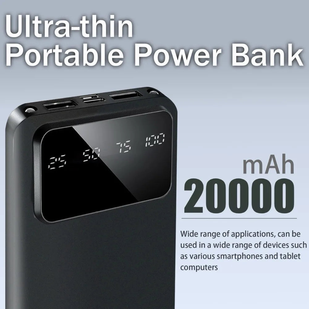 Travel Outdoor Must-have 20000mAh Large Capacity Power Bank, 5V 2.1A Stable Current Portable USB External Battery Charger with LED Digital Remaining Power Screen, Dual USB Output Dual Type-C Micro Input Interface, Premium Saf