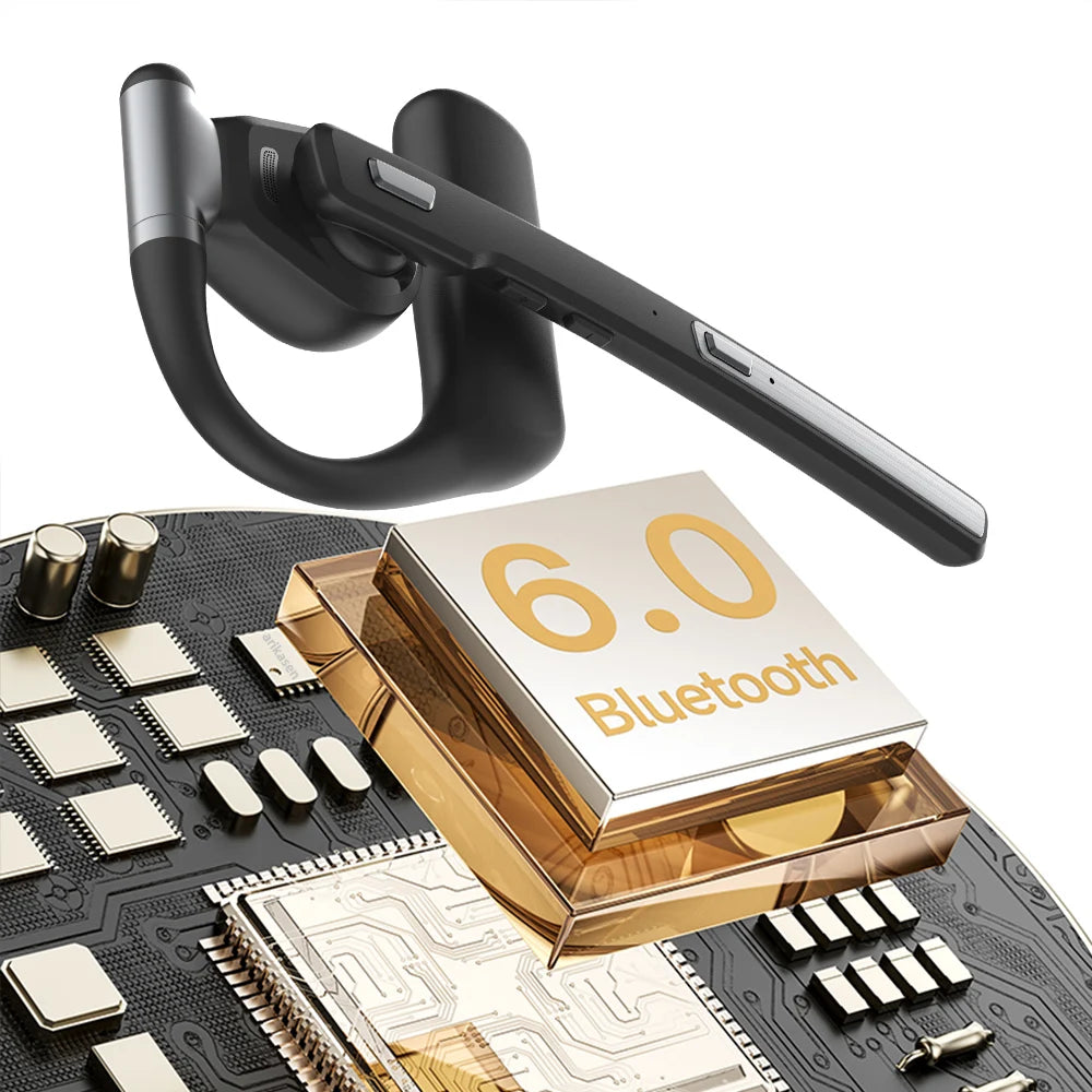 Bluetooth 6.0 Headset, Wireless Hands-Free Earpiece with ENC Dual Mic, Mute Button, Single-Ear Headphone for Trucker, Business