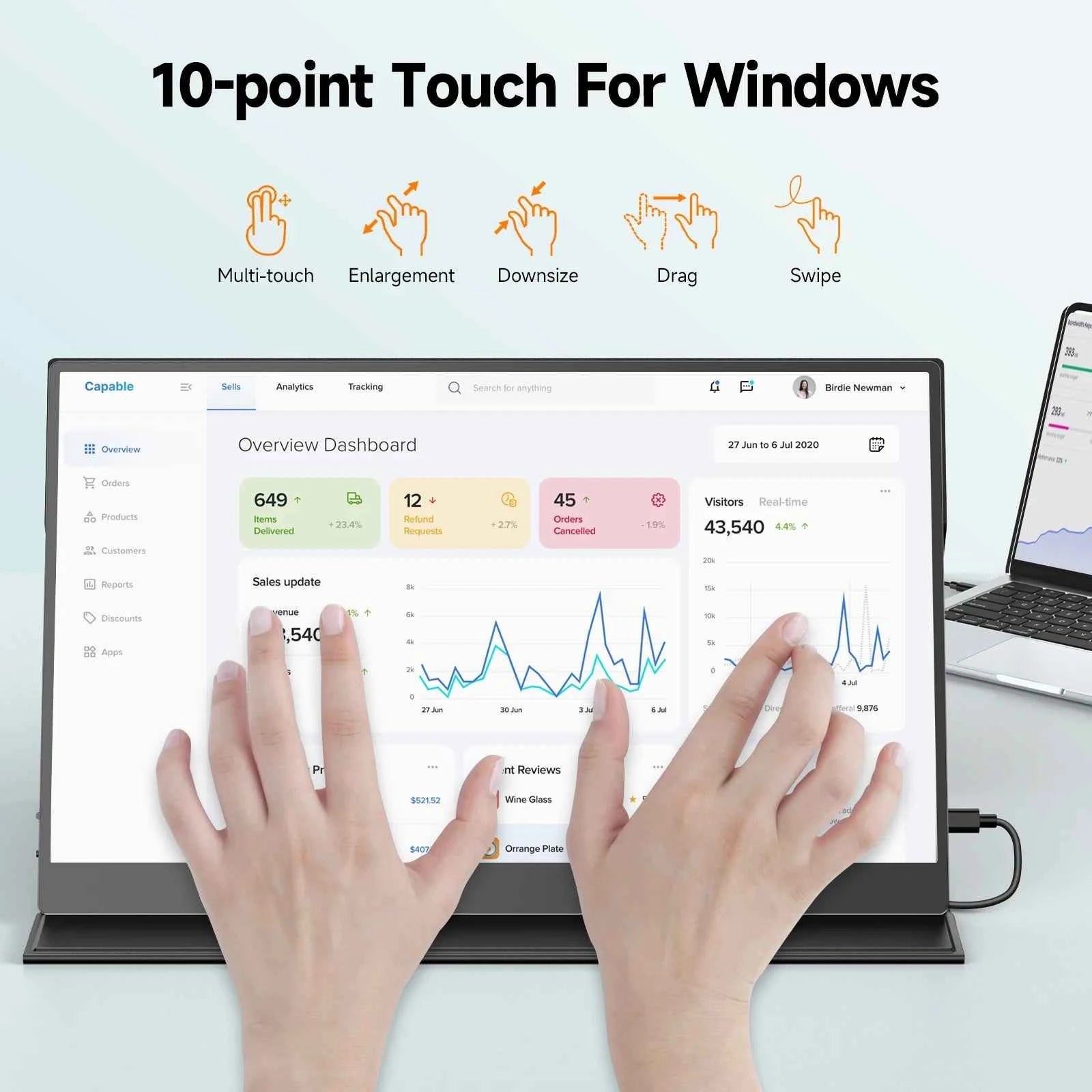 UPERFECT 15.6 inch Portable Monitor Touchscreen 1080P 10-Point Touch Gaming Display With Protective Sleeve VESA For Laptop Phone