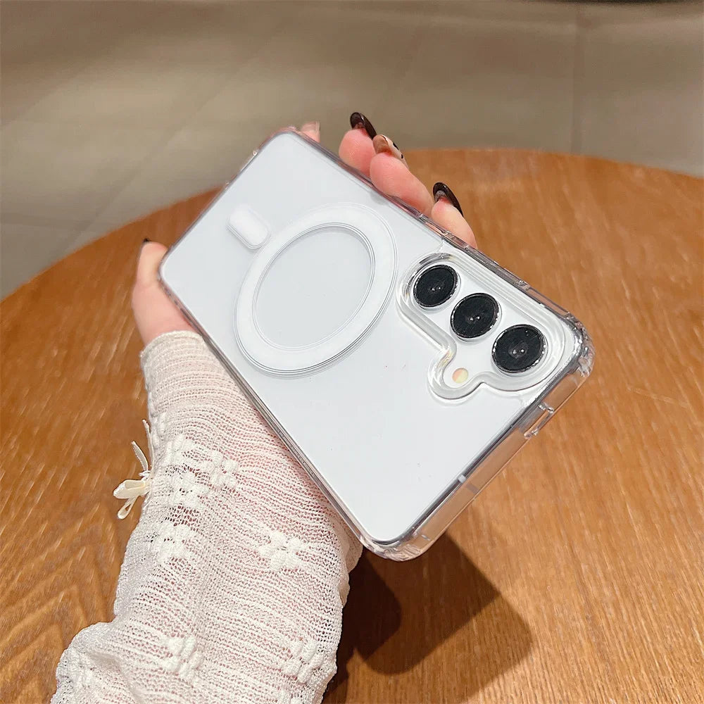 Magnetic charging phone case for Samsung S22 to 25 A14 15 16 35 36 54 56, transparent acrylic ultra-thin protective case