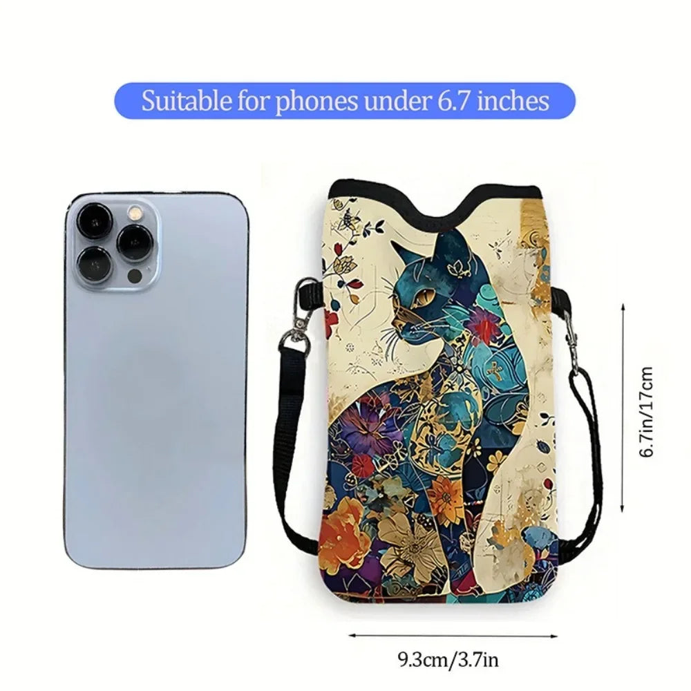 Women’s Black Cat Floral Print Mini Crossbody Phone Bag, Adjustable Strap Casual Canvas Shoulder Purse for Daily Use, Perfect for Carrying Phone, Cards, Keys and Lipstick, Cute and Practical Gift for Cat Lovers.