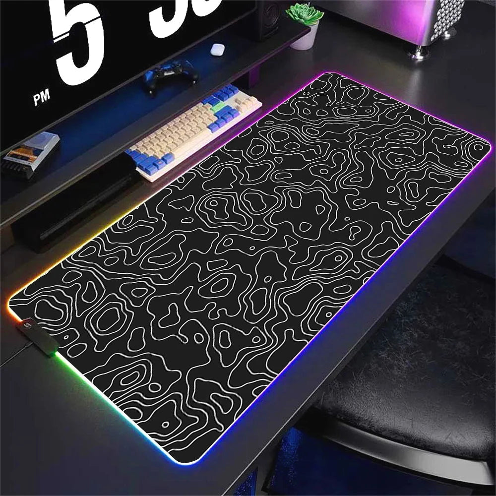 LED Desk Mat Black and White Lines RGB Computer Mouse Pad Gamer Cabinet Luminescence Abstract Mousepad Keyboard Gaming Deskmat