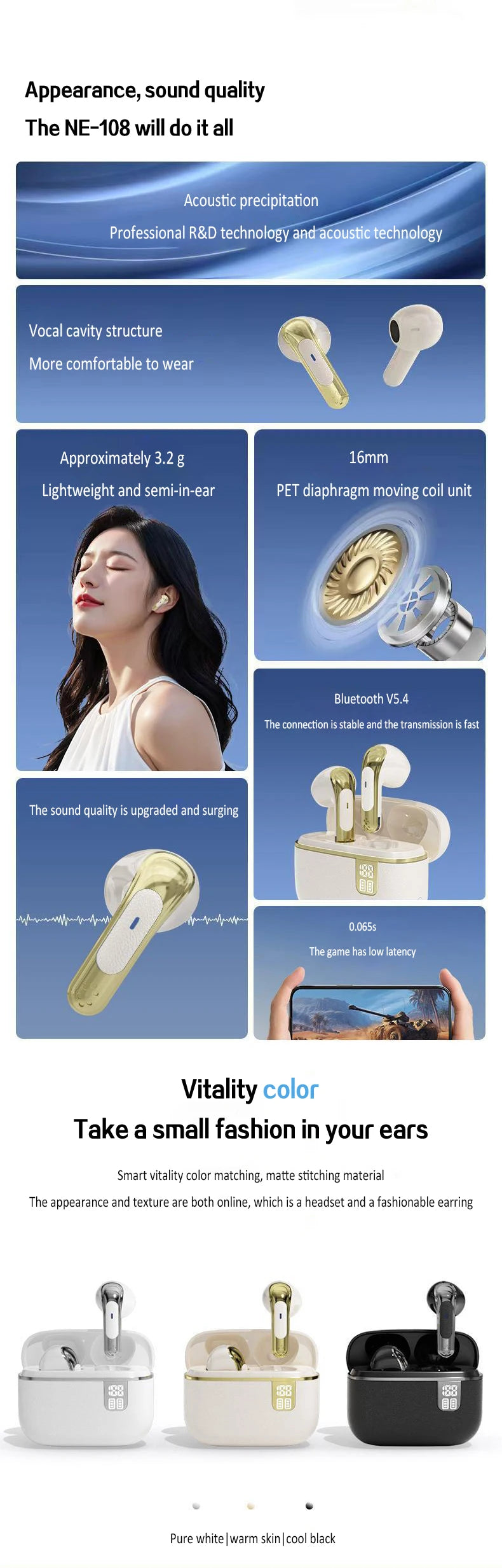 Bluetooth Earphone Wireless Headphone HiFi Stereo Sport Gaming Headsets ENC HD-Calling Noise Reduction Earbuds For Xiaomi iPhone