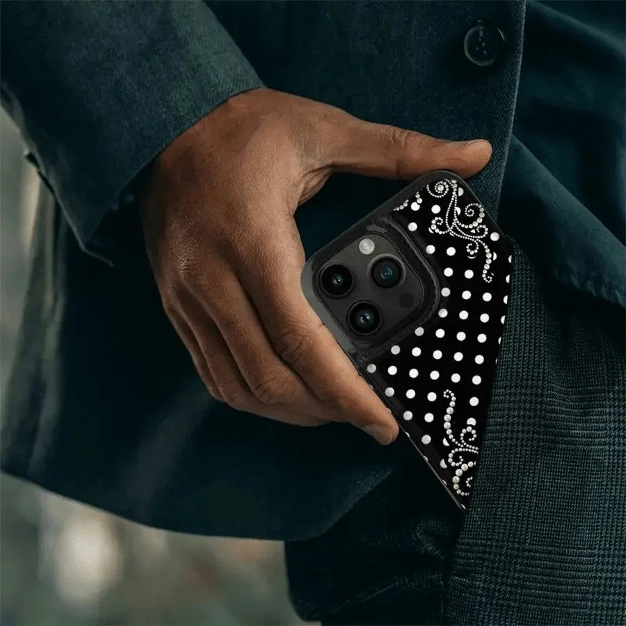 Phone Case: Pearl Polka ,TPU phone case features a pattern  suitable for iPhone 16 Pro Max, 16, 15 Pro, 14 PLUS, 13, 12 series