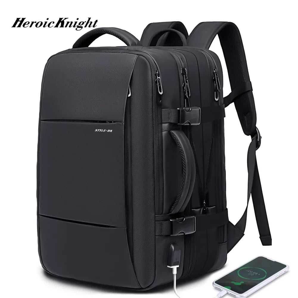 Heroic Knight Travel Laptop Backpack 15.6 Inch – Expandable Waterproof Business Backpack for Men, USB Charging Port, Large Capacity School & Work Bag