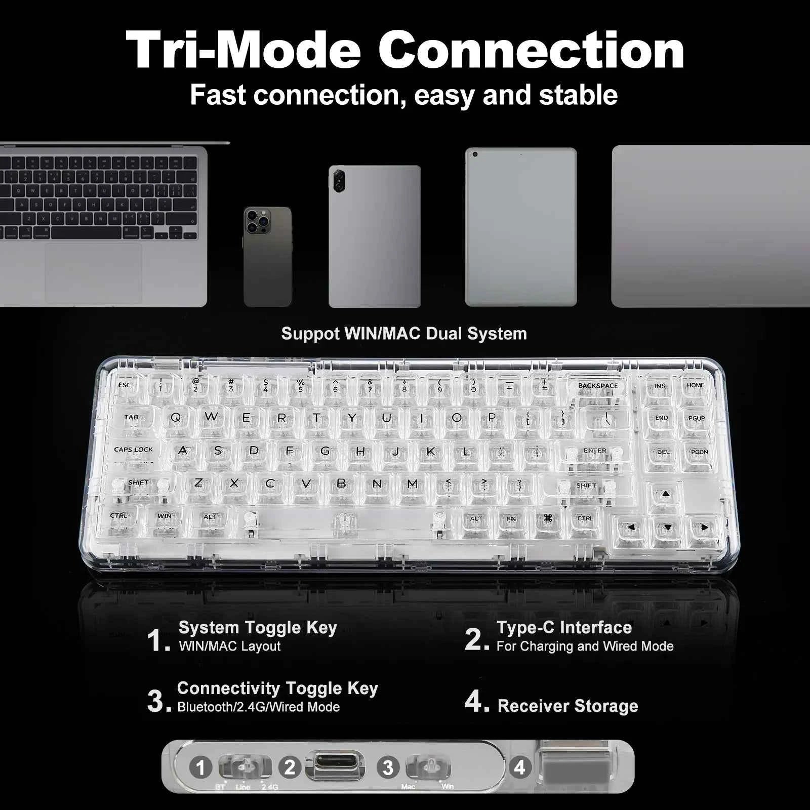 YUNZII X71 68% Layout Wireless BT/2.4G/USB-C Gasket Hot-Swap Transparent RGB Mechanical Gaming Keyboard with Clear Keycaps