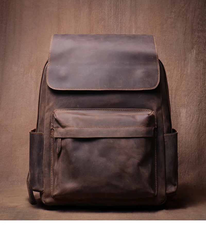 LUOKIR Genuine Leather Laptop Backpack 15 Inch – Vintage Crazy Horse Cowhide Business Travel Backpack for Men, Luxury School Computer Bag