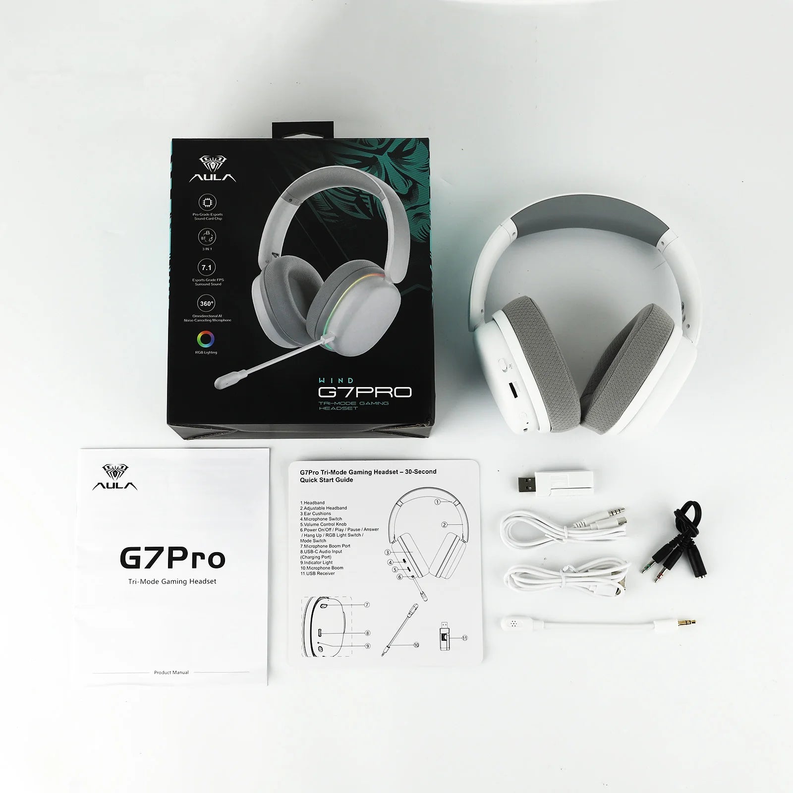 AULA G7 Pro Wired/Bluetooth/2.4GHz Wireless Gaming Headphone Noise-Canceling Microphone with RGB Light for PS4/PS5/PC/Switch