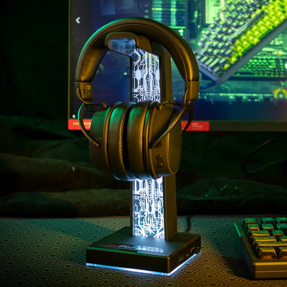 RGB Gaming Headphone Stand 10 Lighting Effects Headphone Stand Holder Rack USB Port 3.5mm Audio Port Desktop Headset Bracket