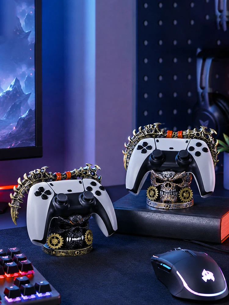 Gothic Skull Game Controller Stand Steampunk Resin Gamepad Holder Halloween Desktop Ornament Gaming Room Decor Gift for Gamers