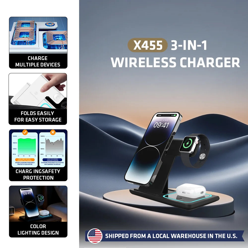 3-In-1 Foldable Wireless Charging Stand 15W/10W/7.5W/5W Multi Device Fast Wireless Charger for Smartphone Smart Watch Earphones