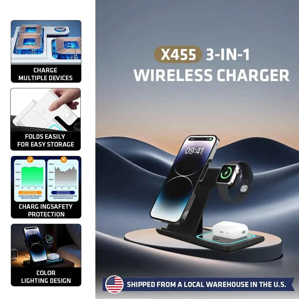 3-In-1 Foldable Wireless Charging Stand 15W/10W/7.5W/5W Multi Device Fast Wireless Charger for Smartphone Smart Watch Earphones