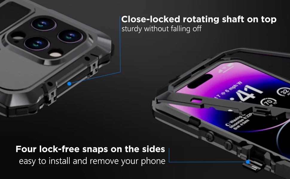 for iPhone 15 14 Pro Max Case Metal Military-Grade Built-in Kickstand & 9H Screen Protector Protective Rugged Heavy Duty Case