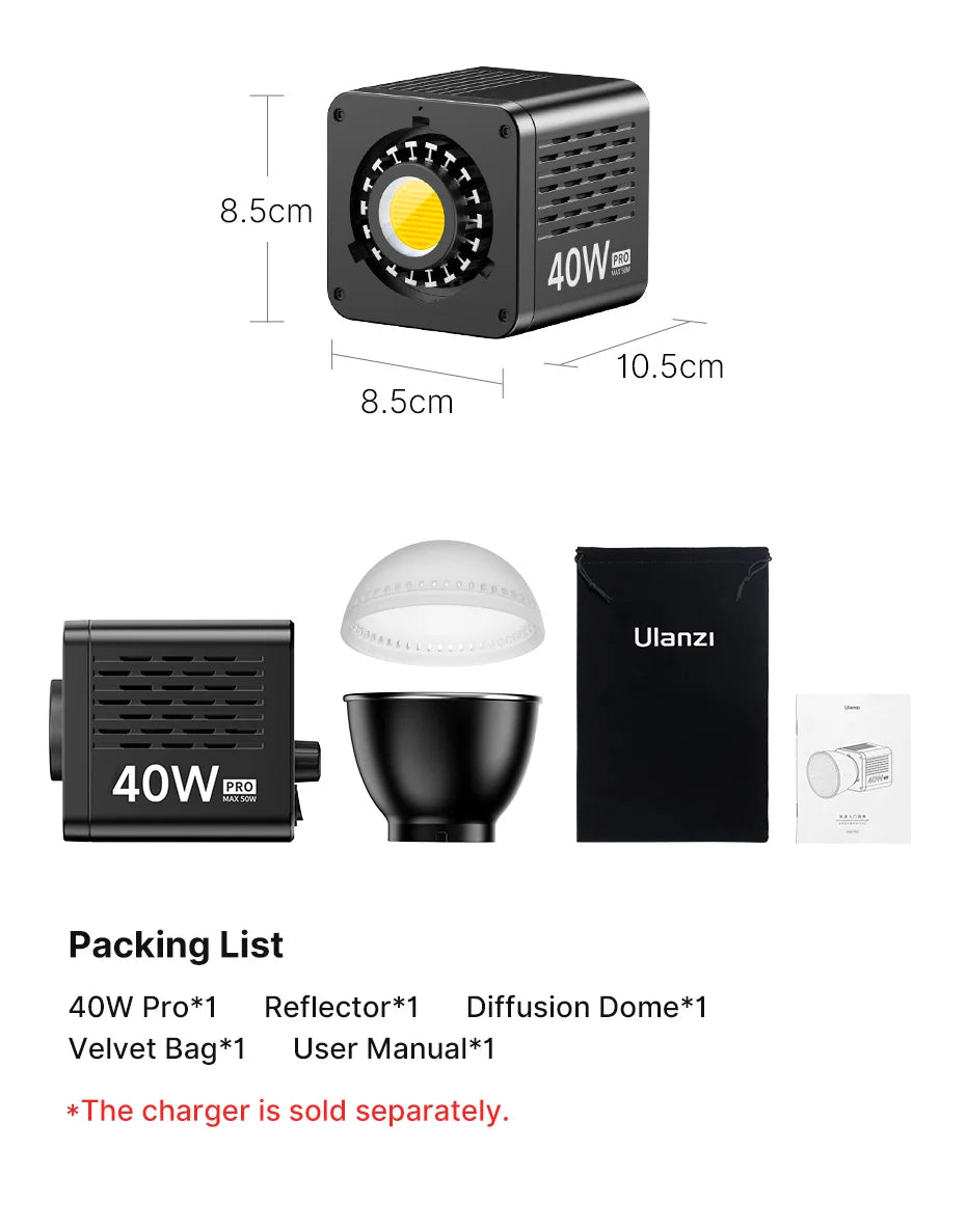 Ulanzi L023 40W pro Video Light Mini Bowens Mount Bi-color 2500-6500K with 3400mAh COB Light for Photography