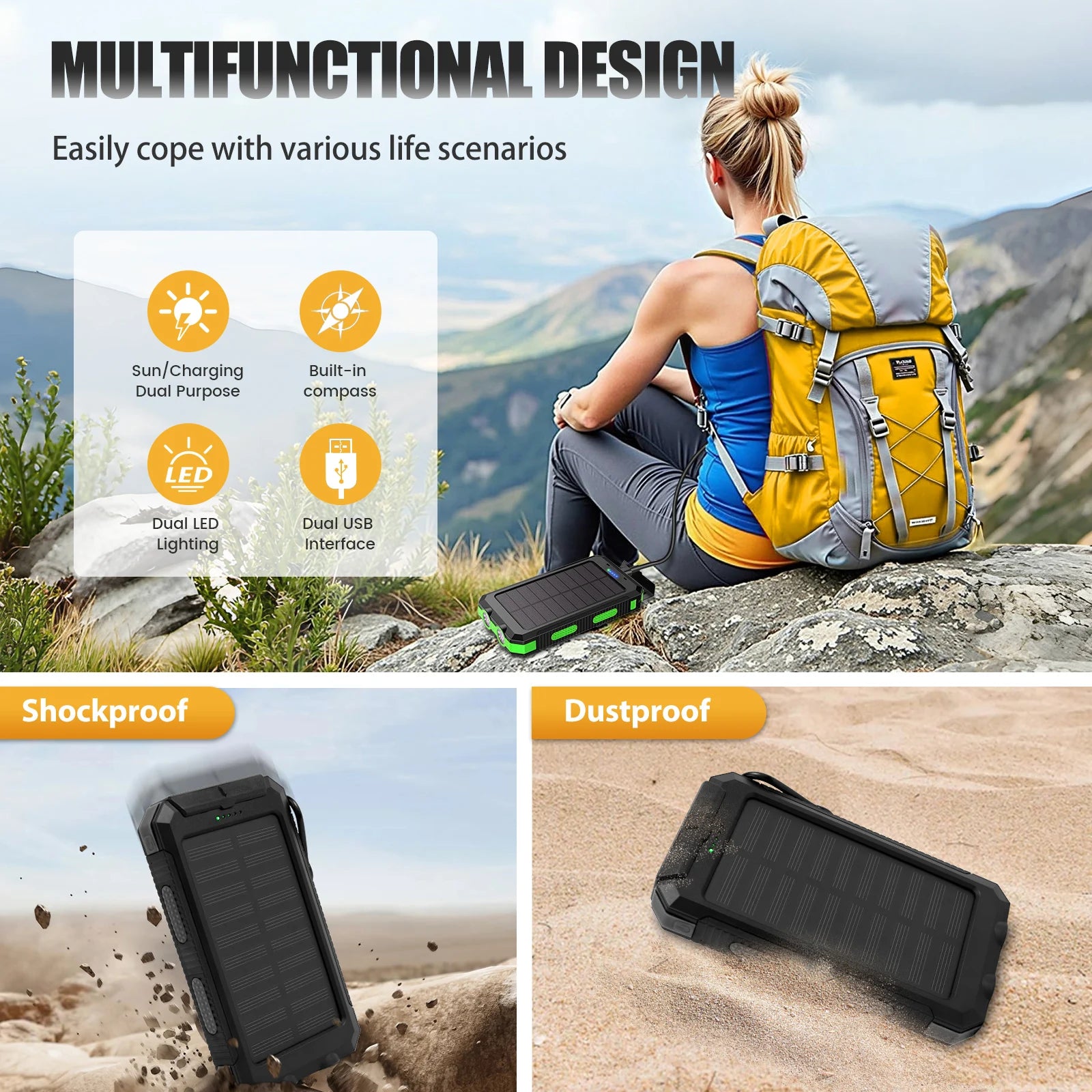 10000mAh Solar Power Bank Portable Waterproof Outdoor Dual 5V 1A USB Ports Fast Charging LED Flashlight for iPhone Tablets