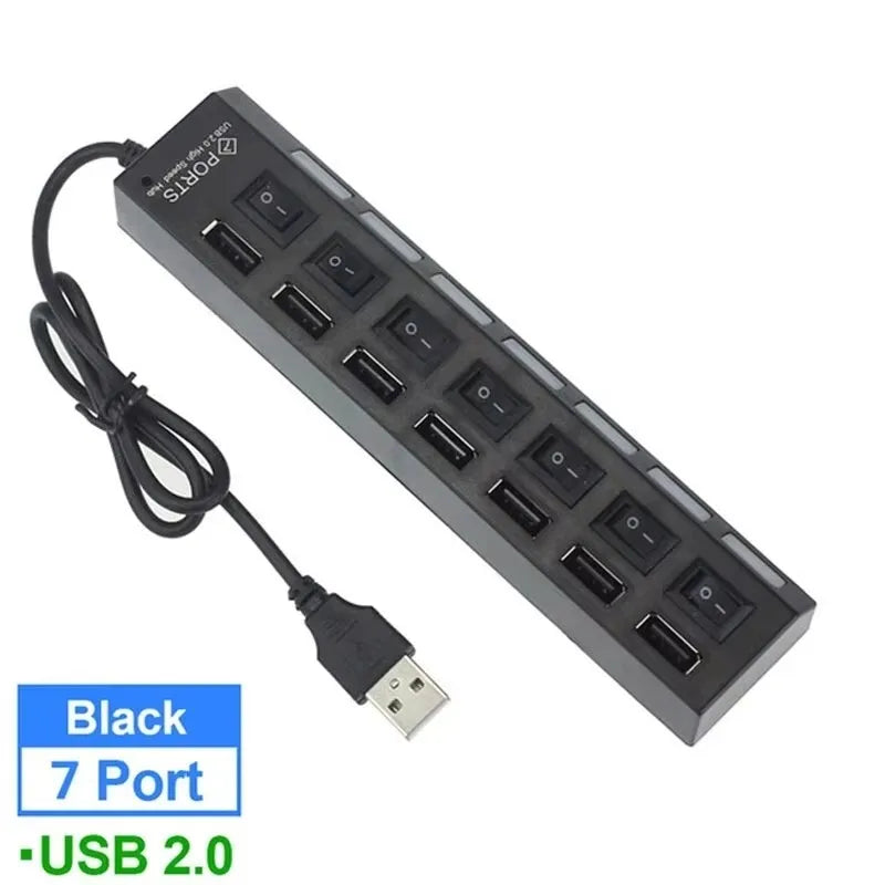 7-Port USB 2.0 Hub with Independent Switches & LED Indicators