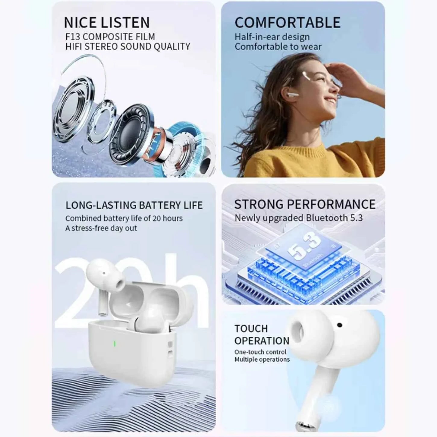 UEESFIT NEW A5 TWS Wireless Earphones Bluetooth 5.3 Sports Headphones HD Call HiFi Sound Headset Mini In-Ear Earbuds With Mic