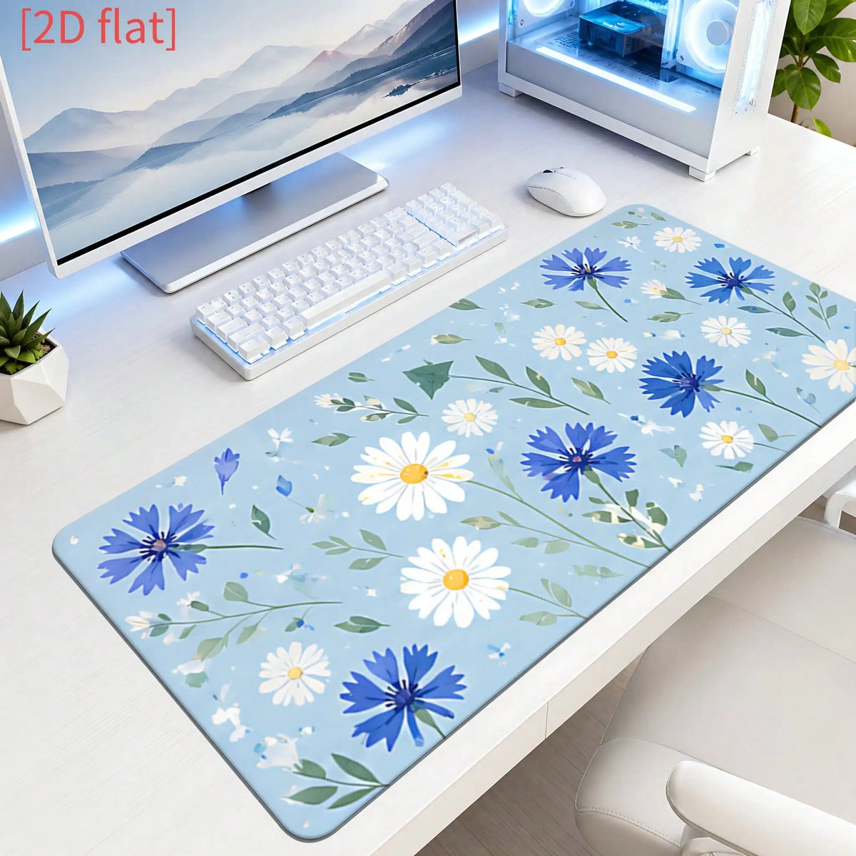 1pc Non-Slip Oval Mouse Pad Compatible For Office Desk, Computer Desk, Study Table - Blue & White Cornflower Daisy Minimalist Desk With Base & Suitable For